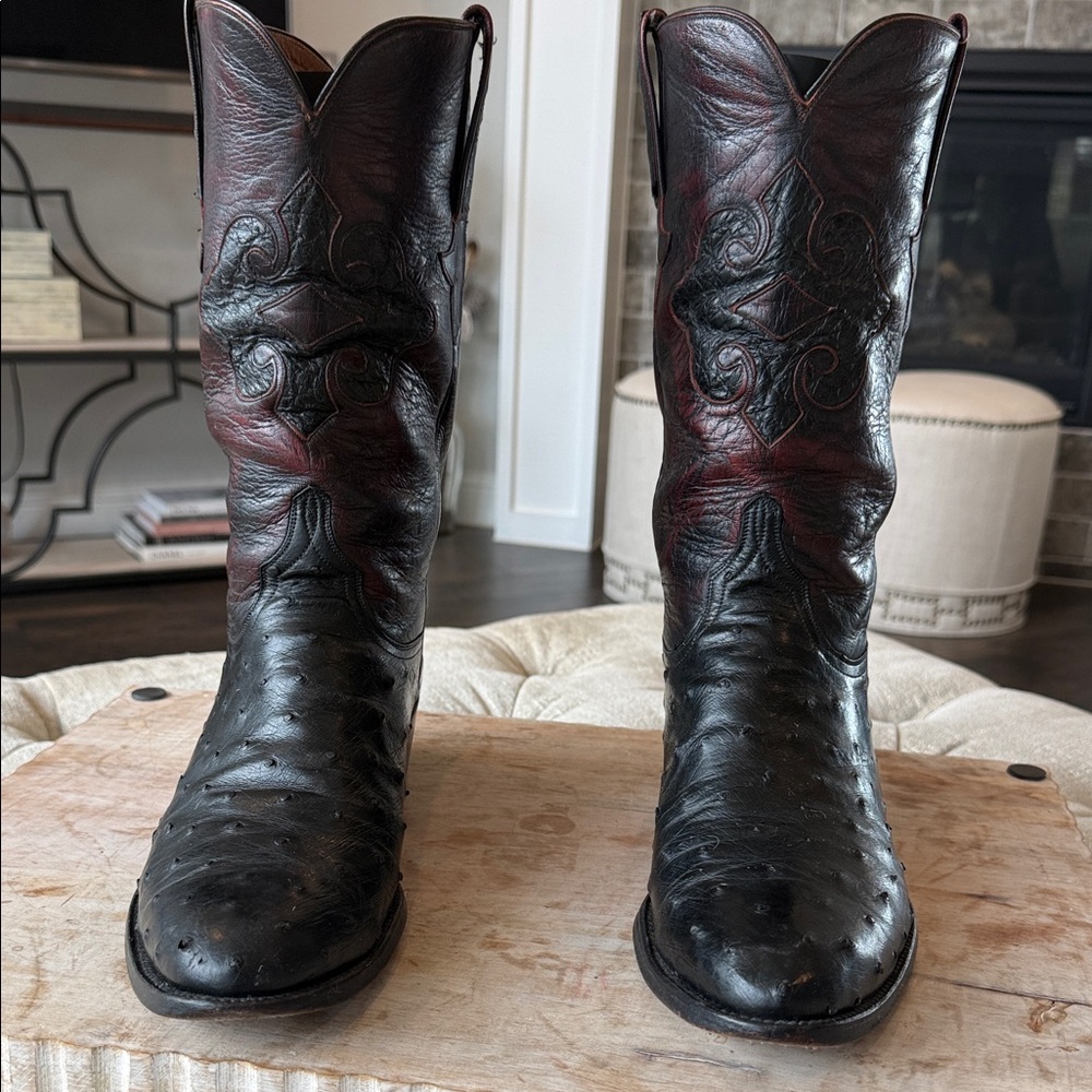 Lucchese Men’s 11.5 Handmade Black Cherry‎ Full Quill Ostrich Cowboy Boots
